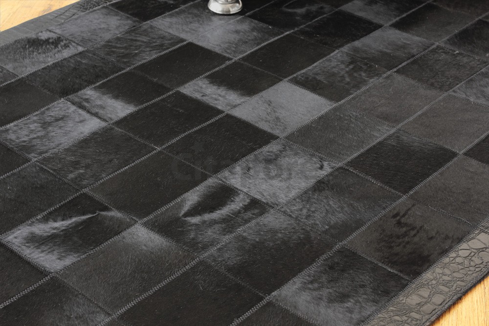 Black Cowhide Patchwork Rug with Croc-Effect Leather Border