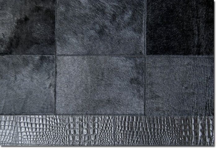 Black Cowhide Patchwork Rug with Croc-Effect Leather Border