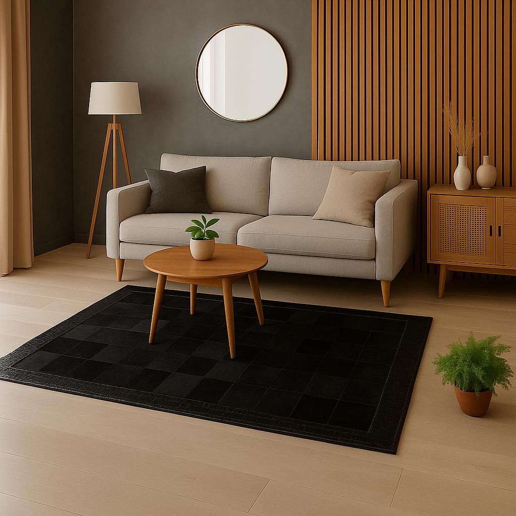 Black Cowhide Patchwork Rug with Croc-Effect Leather Border
