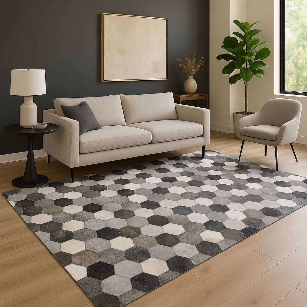 Nordic Hive Grey Cowhide Patchwork Rug