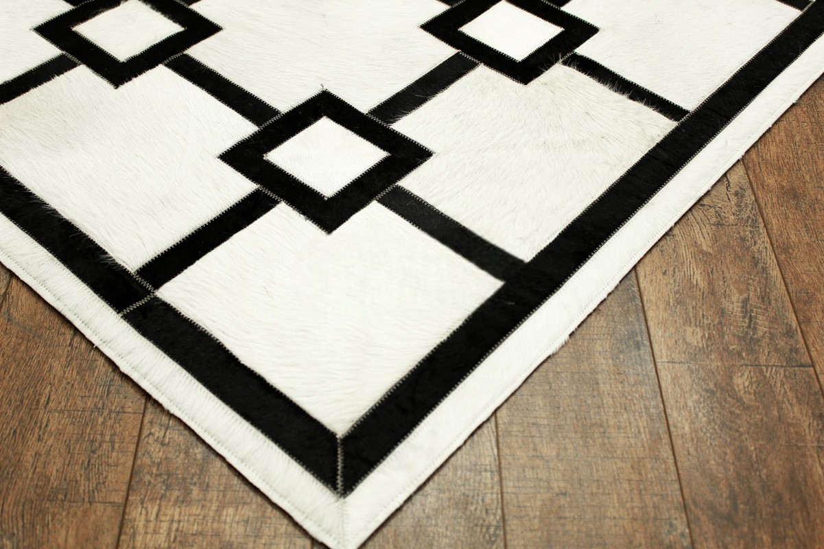“Signature Grid” Designer Leather Cowhide Patchwork Rug