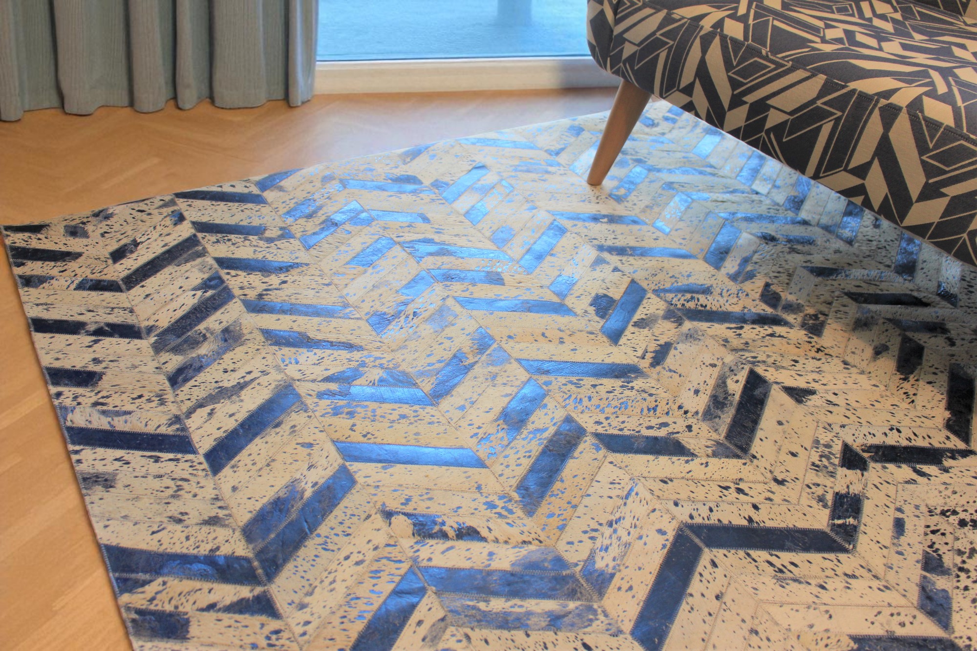 Azure Luxe Chevron Cowhide Patchwork Rug