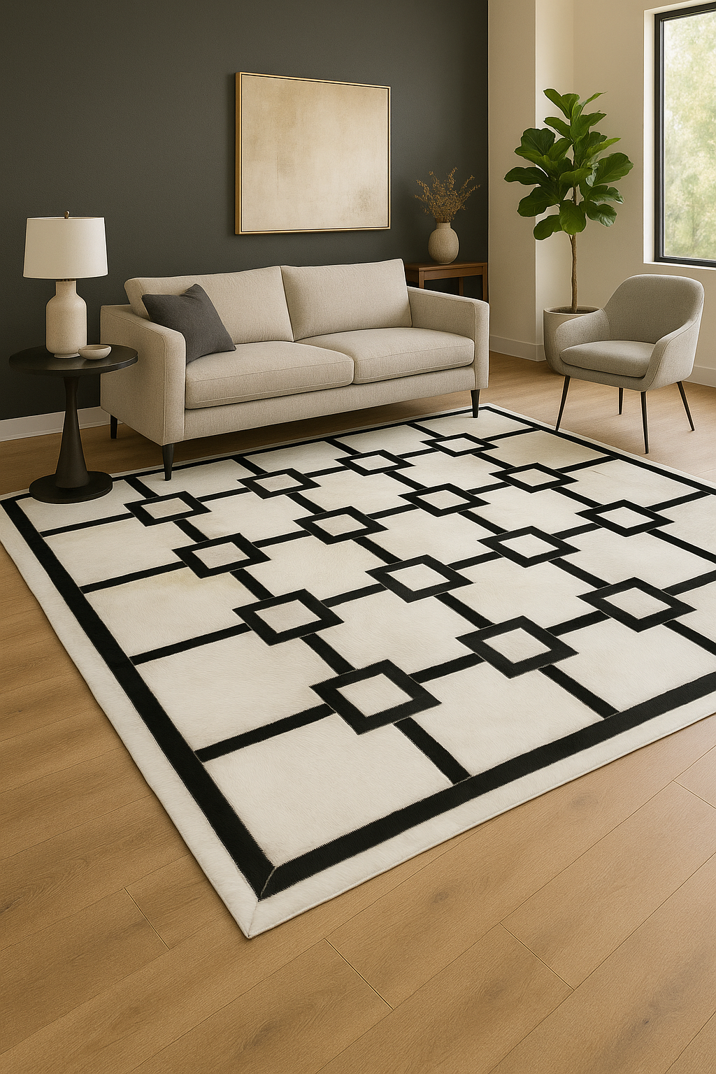 “Signature Grid” Designer Leather Cowhide Patchwork Rug