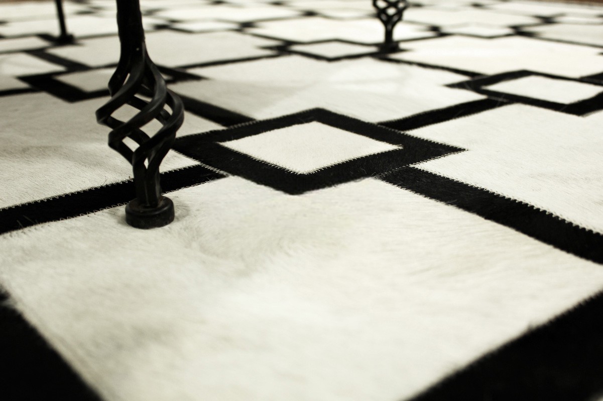 “Signature Grid” Designer Leather Cowhide Patchwork Rug