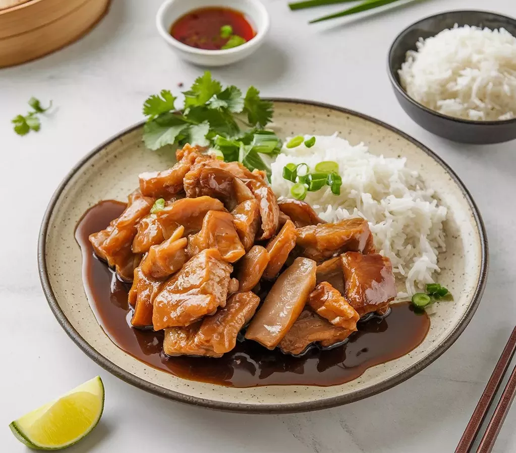 Porc au caramel accompagné de riz