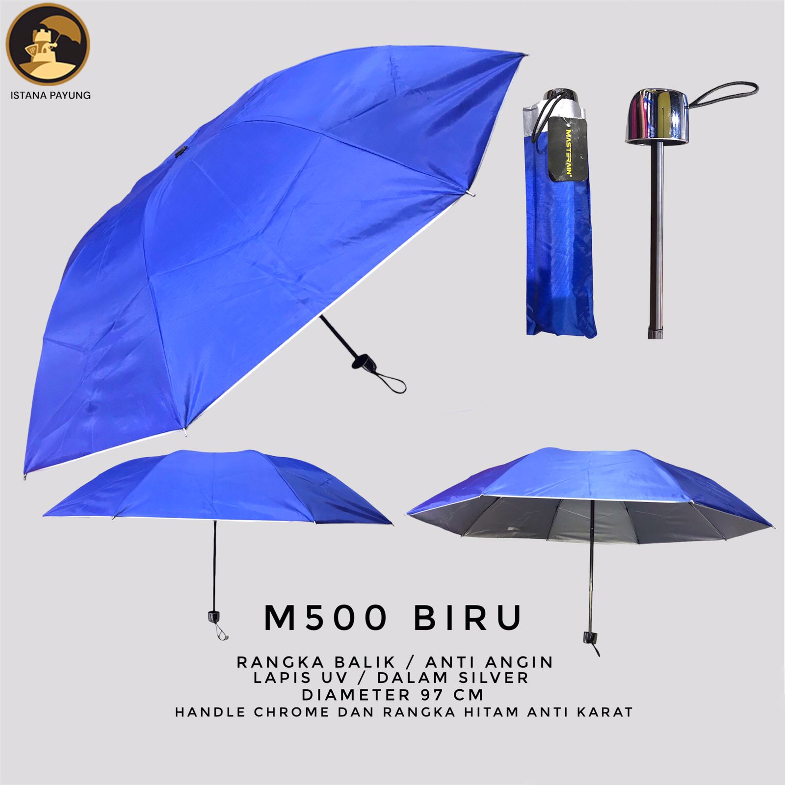 Payung Lipat 3 Polos Manual Dalam Silver Masterain M500