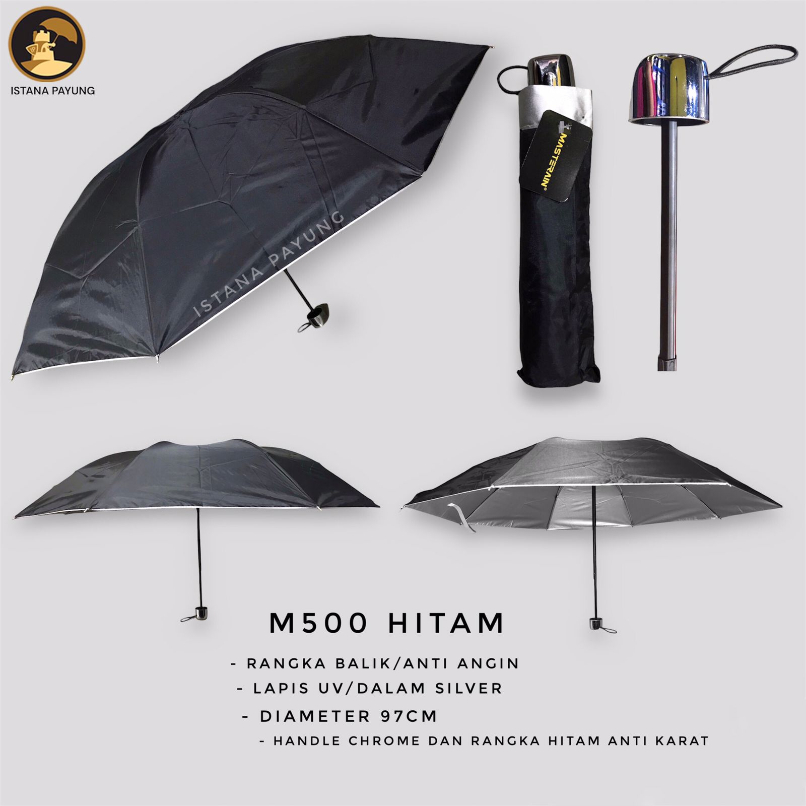 Payung Lipat 3 Polos Manual Dalam Silver Masterain M500