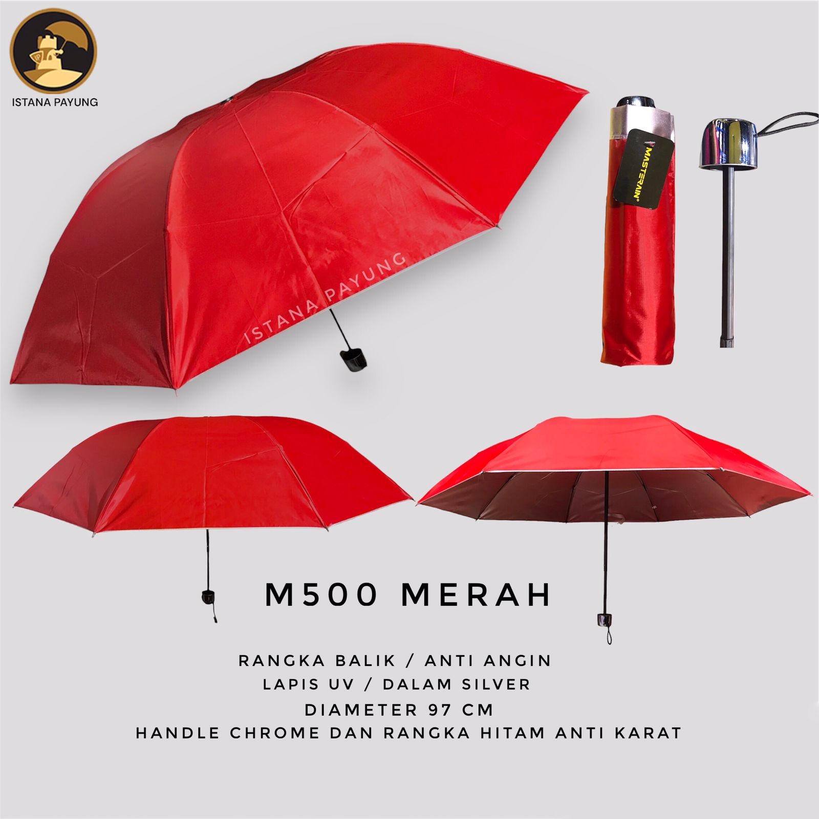 Payung Lipat 3 Polos Manual Dalam Silver Masterain M500