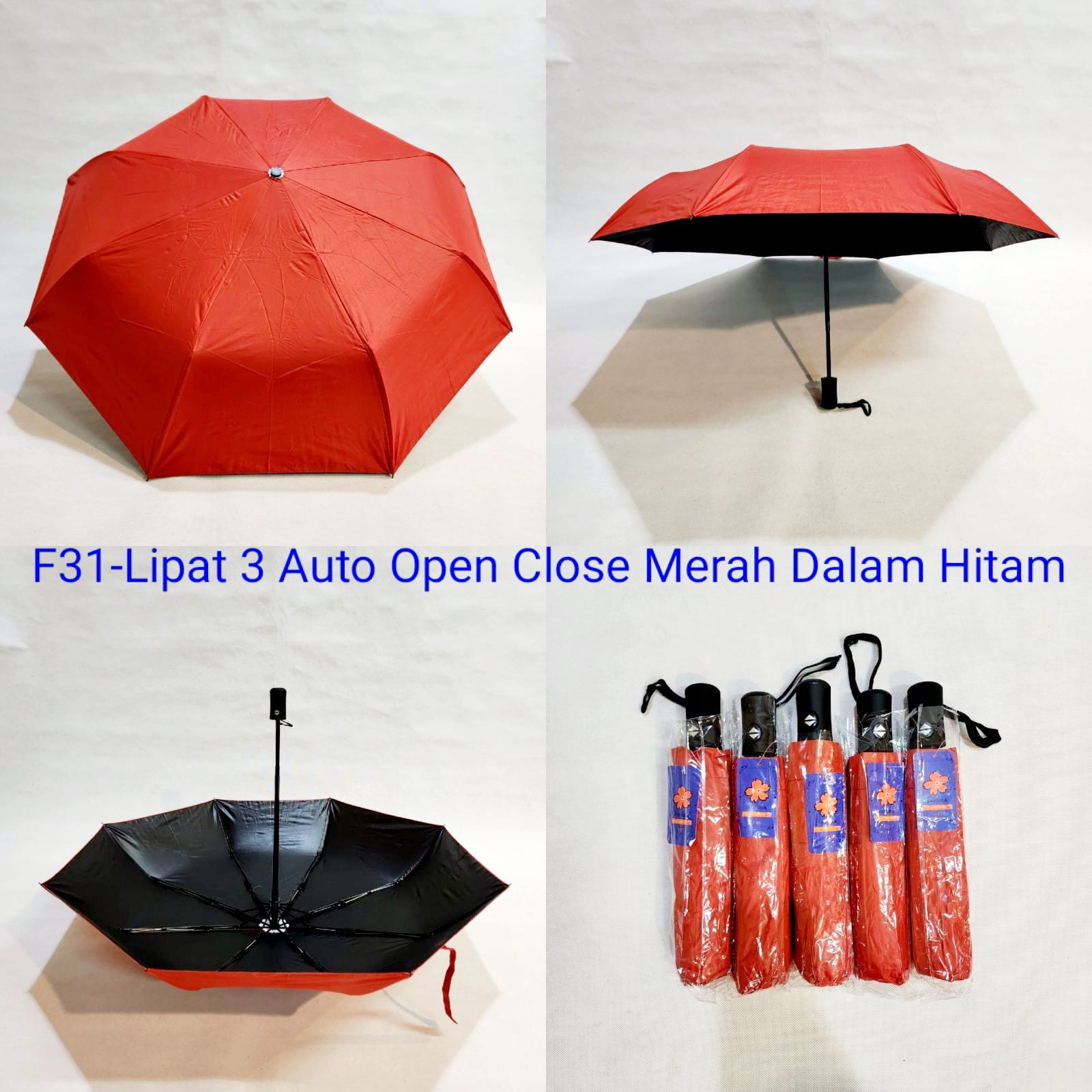 Payung Lipat 3 Polos Otomatis Dalam Hitam Sakura F3