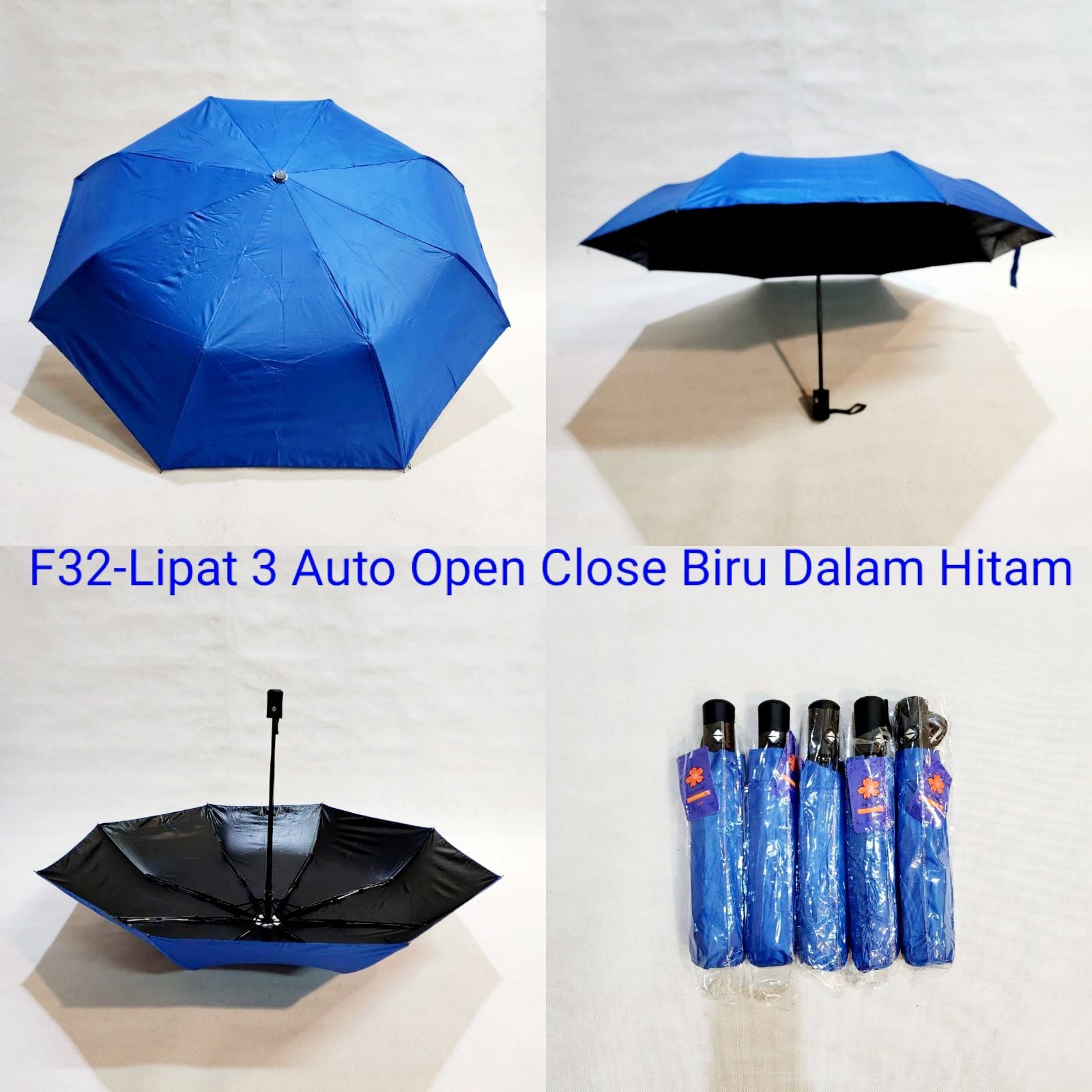 Payung Lipat 3 Polos Otomatis Dalam Hitam Sakura F3