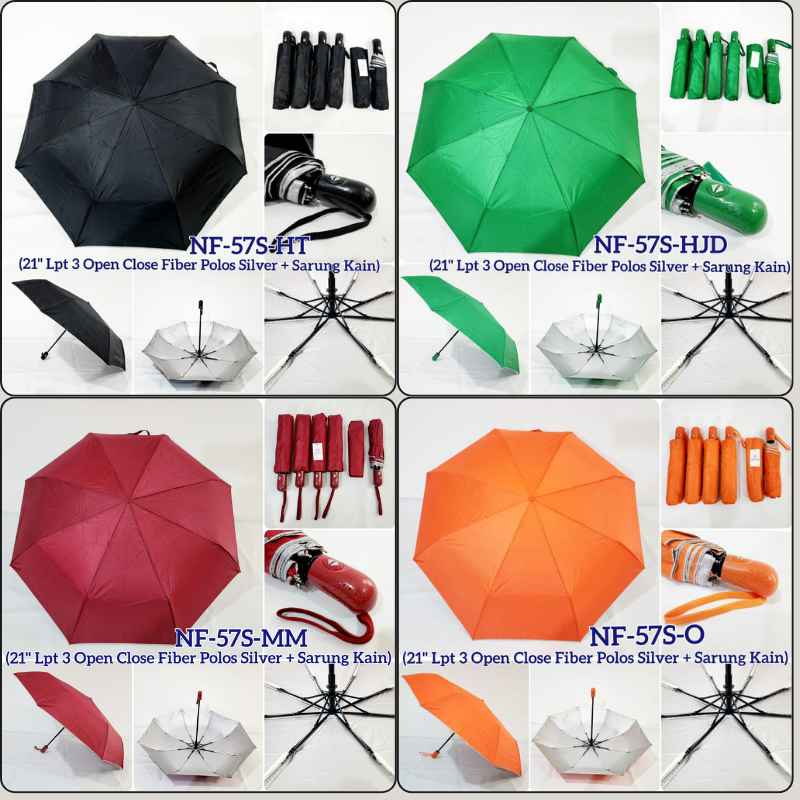 Payung Lipat 3 Polos Otomatis Dalam Silver Fiber Nagoya NF-57S