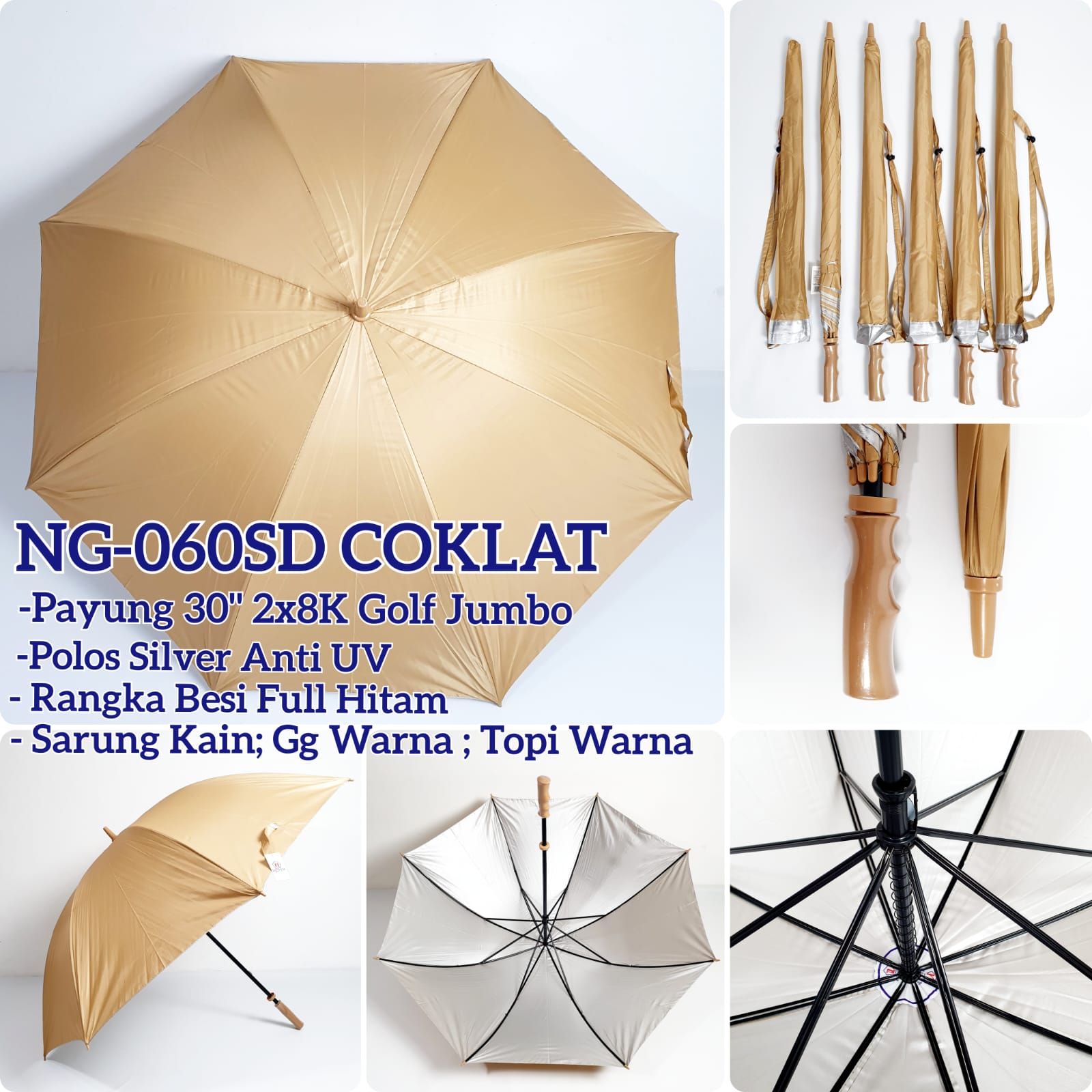 Payung Golf Polos Manual Dalam Silver Gagang Pedal Nagoya NG-060SD