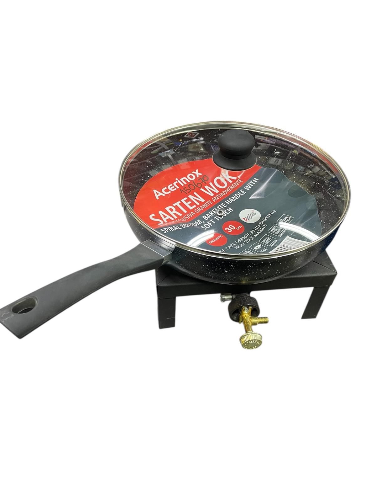 Sarten Teflon 30 cm con Tapa Vidrio (Wok)