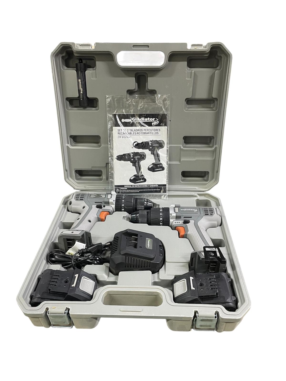 kit de 2 taladros percutores Gladiator + baterias + cargador + mechas y destornilladores