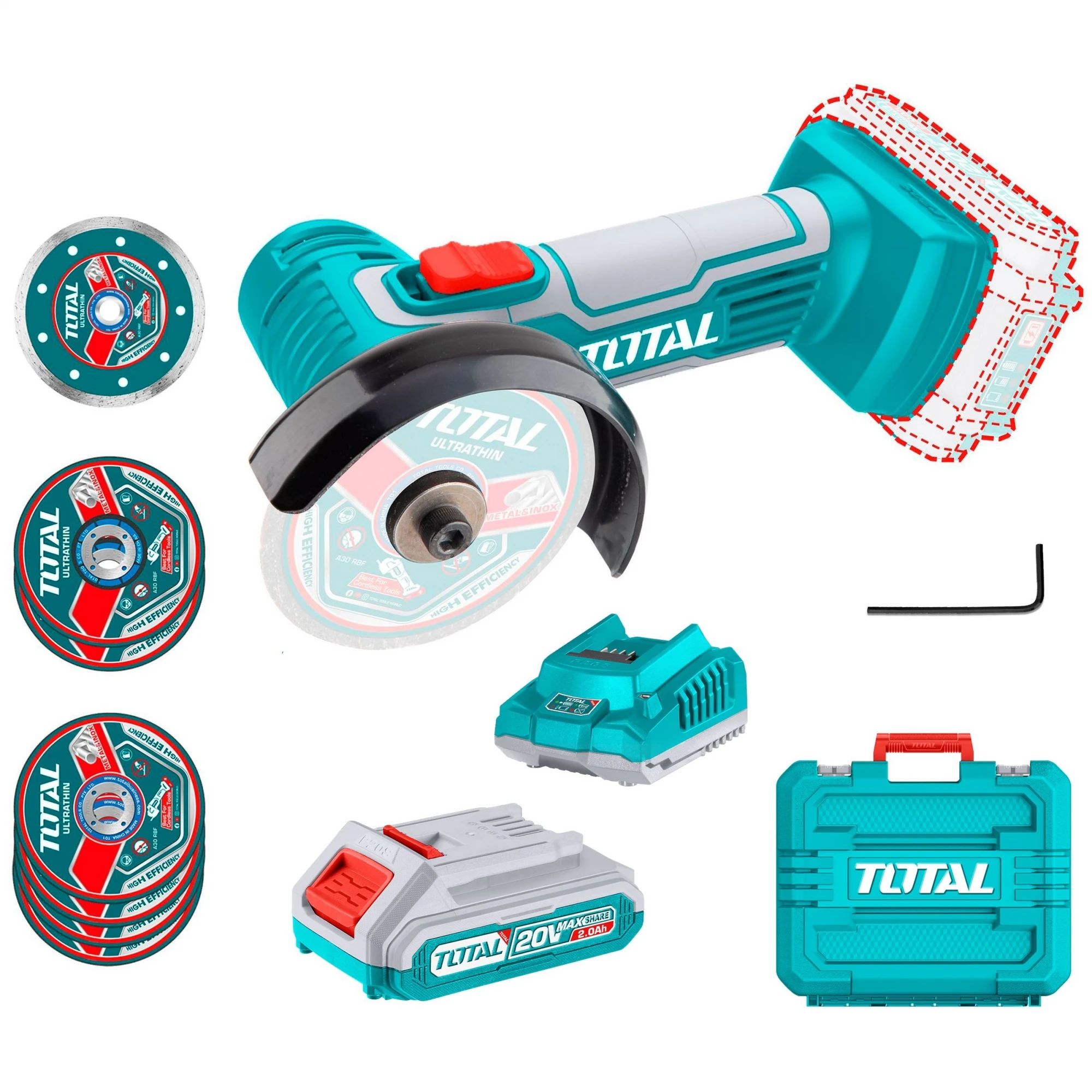 kit Mini Amoladora inalámbrica TOTAL 20V + accesorios