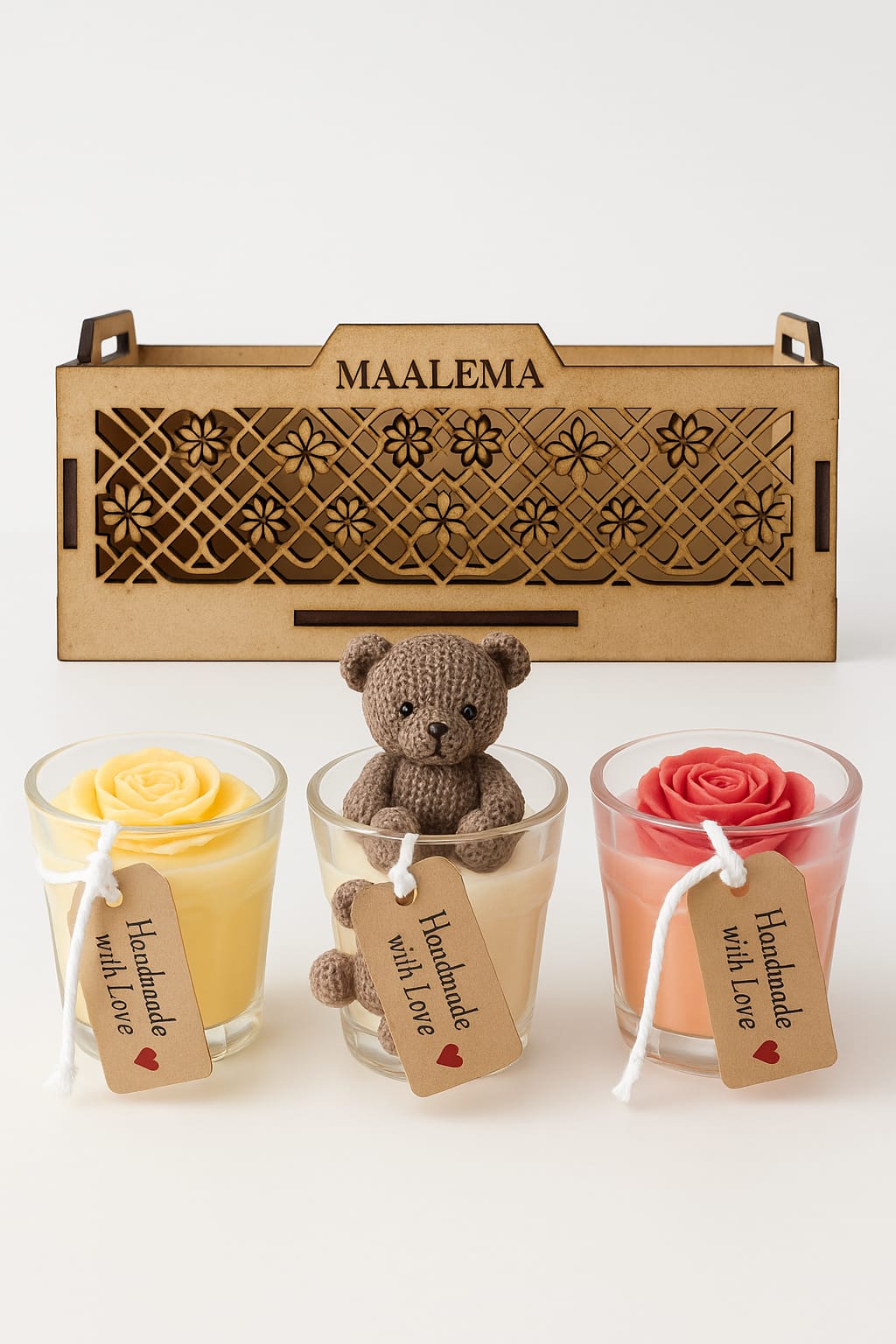 Coffret Cadeau Bougies Artisanales – 3 Parfums en Pots de Verre & Support Gravé  💝 Fait Main avec Amour | 100 % Artisanal | Pièce Unique