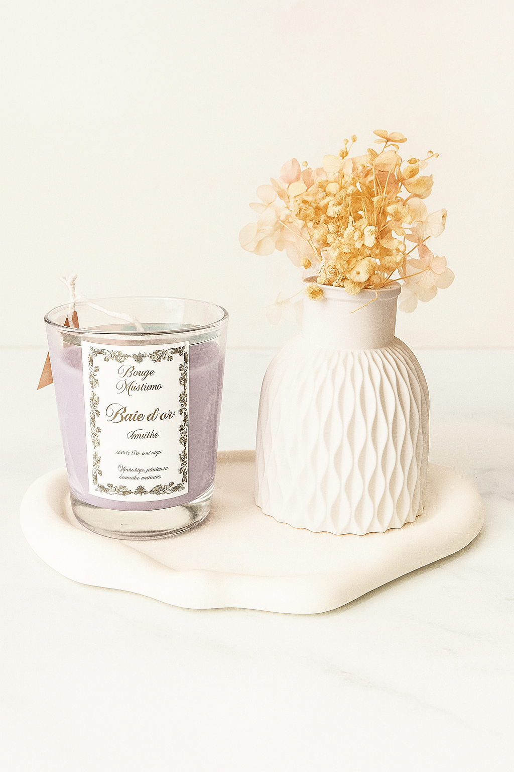 🌿 Ensemble Déco Élégance Naturelle – Vase en Pierre Blanche & Bougie Parfumée 🌿