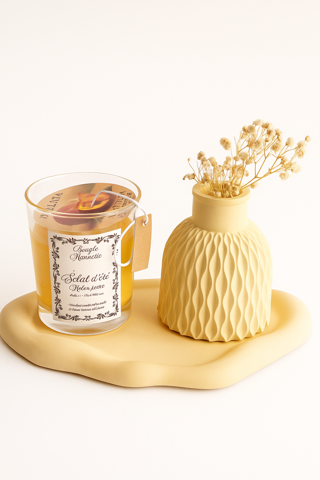 🌿 Ensemble Déco Élégance Naturelle – Vase en Pierre Blanche & Bougie Parfumée 🌿
