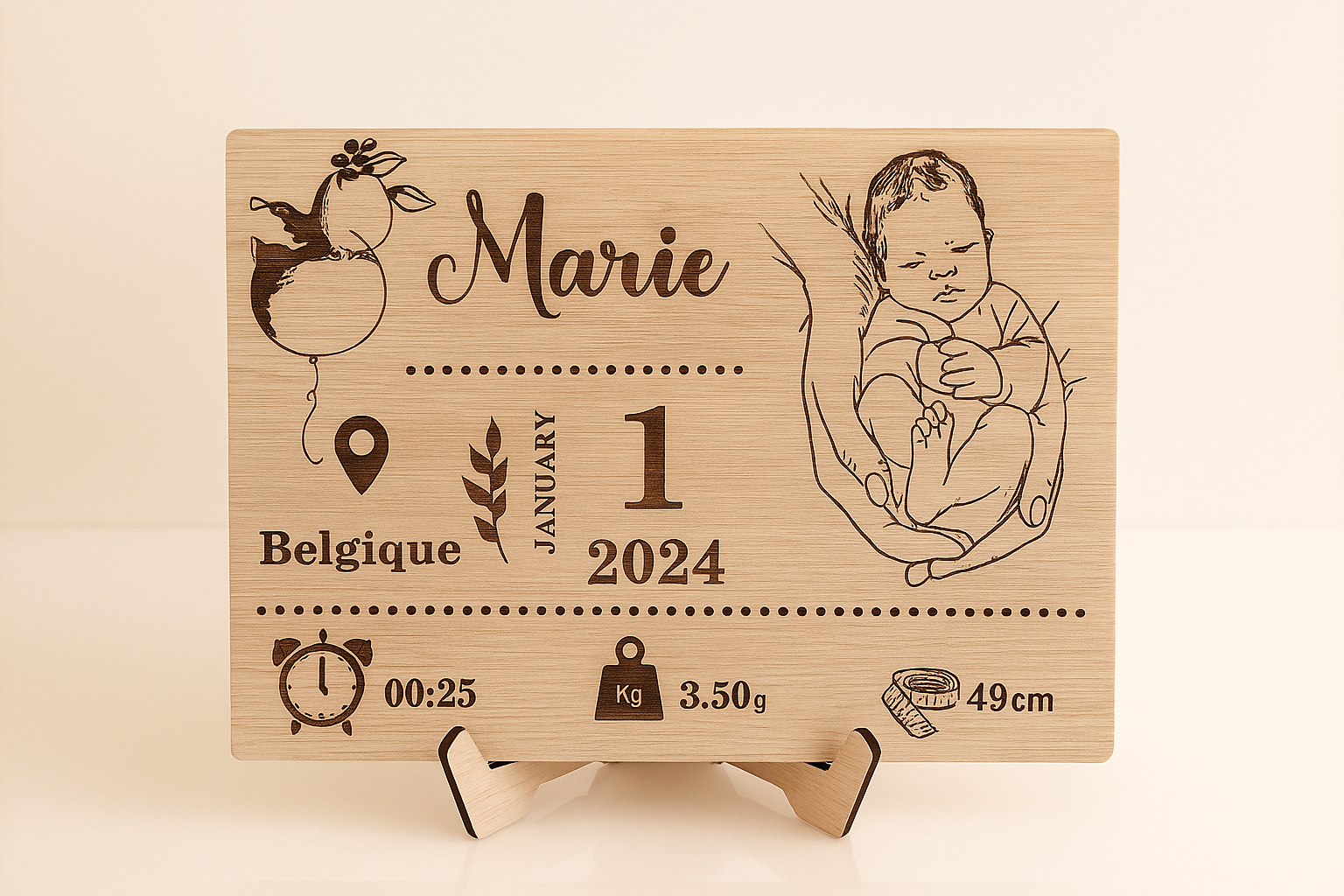 🍼 Plaque de Naissance Personnalisée en Bois Gravé – Cadeau Unique et Émotionnel