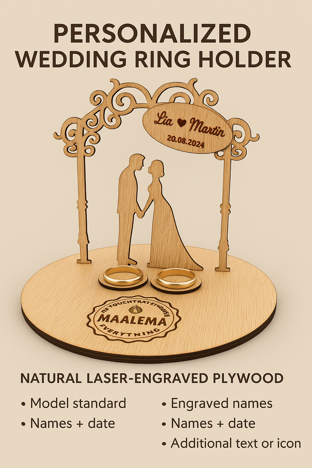 💍 Porte-Bague de Mariage Personnalisé en Bois Naturel – Gravure Laser Premium