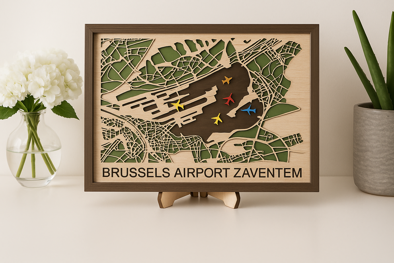 Carte Bois Gravée – Aéroport de Bruxelles Zaventem Édition artisanale en bois naturel 
