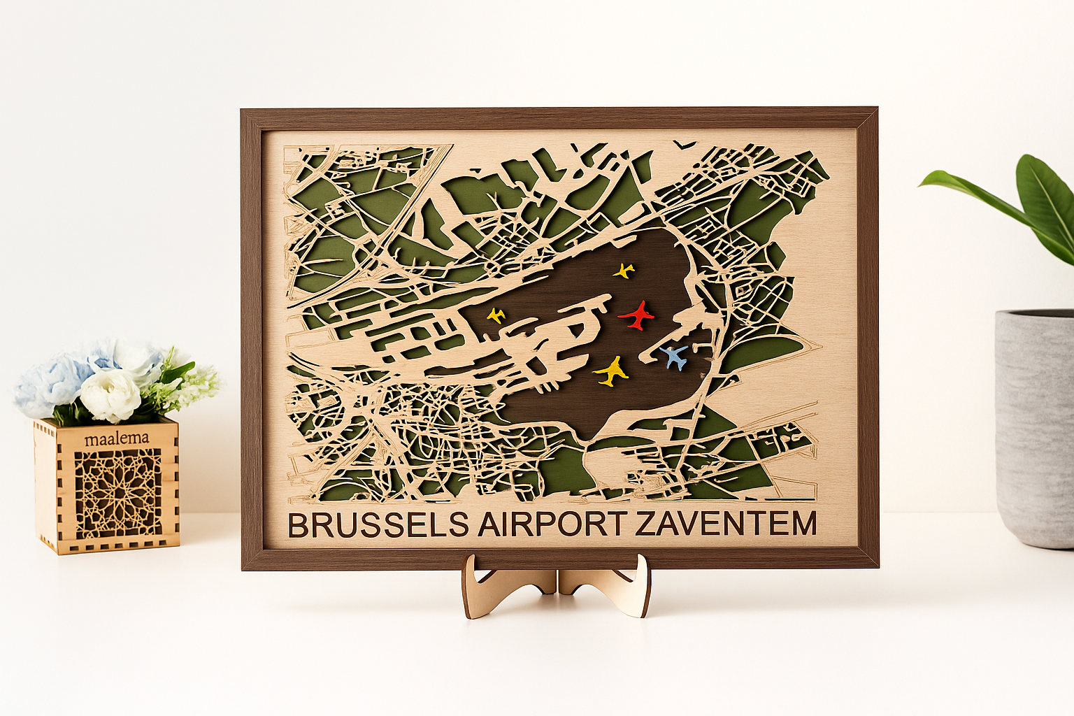 Carte Bois Gravée – Aéroport de Bruxelles Zaventem Édition artisanale en bois naturel 