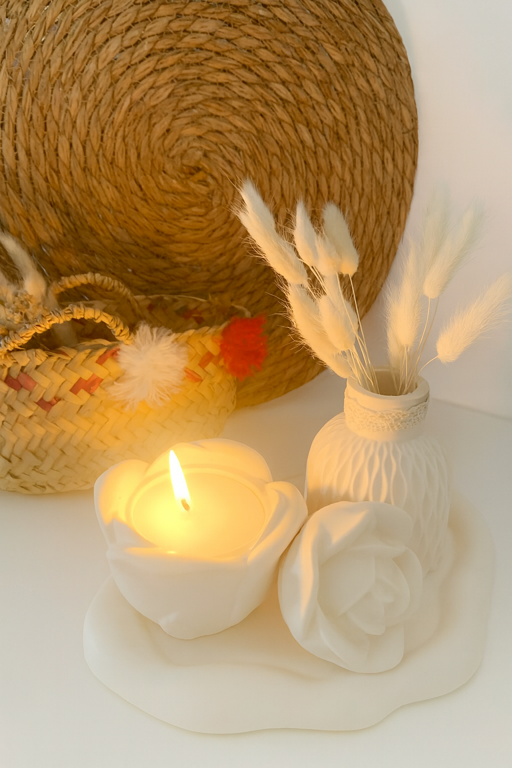 Ensemble Décoratif Artisanal en Pierre Blanche – Bougie Fleur & Mini Vase (Fait Main)