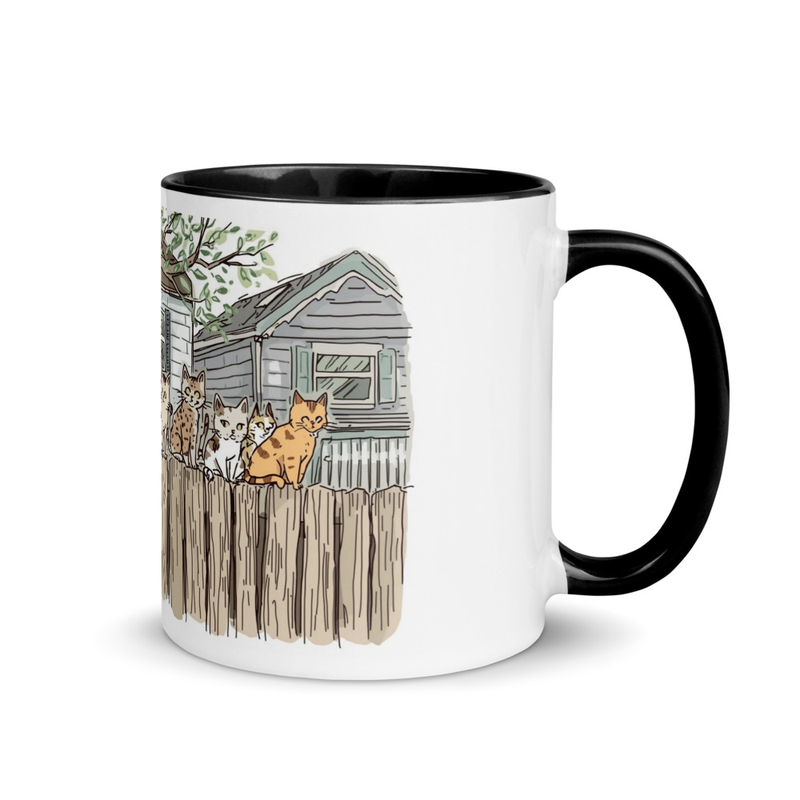 Cats on fence white coffee mug