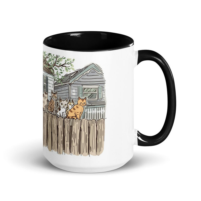 Cats on fence white coffee mug