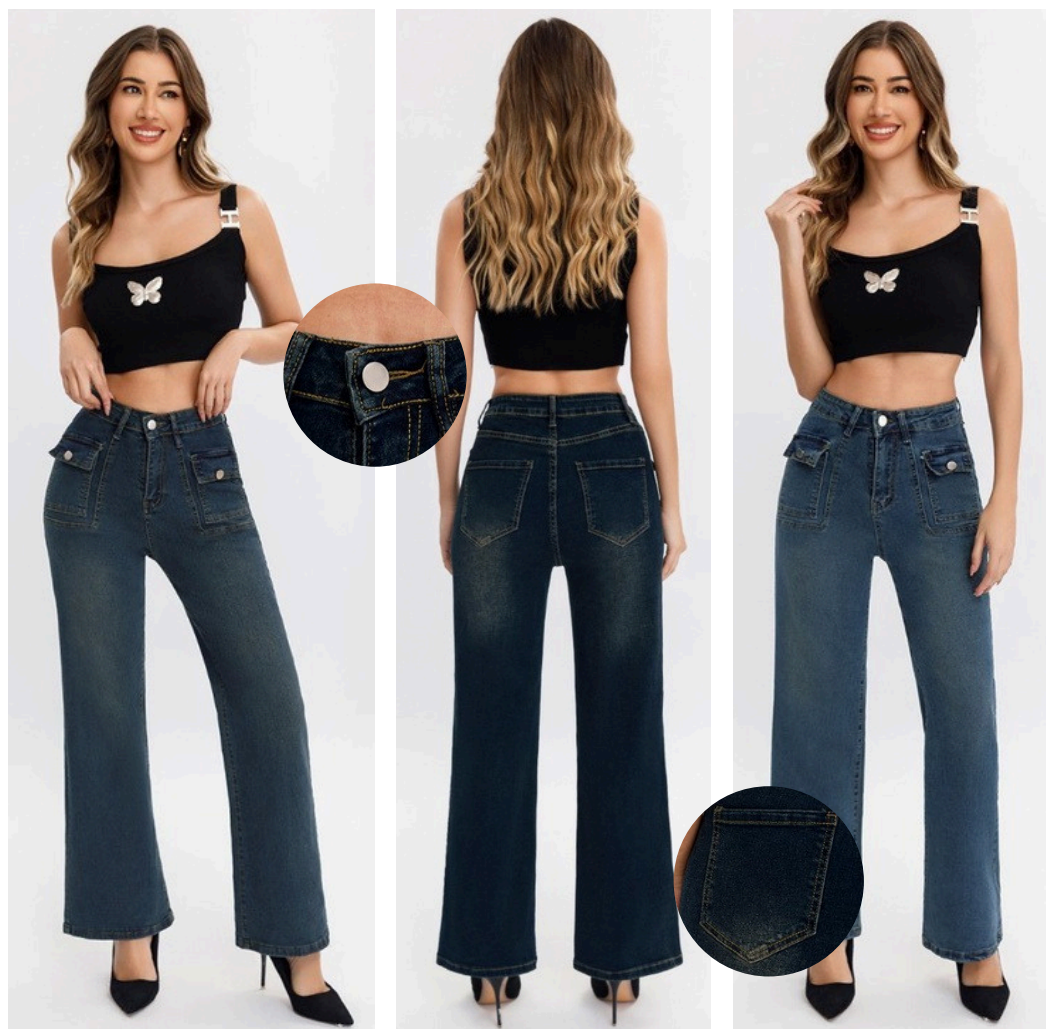 PANTALON DE MEZCLILLA CARGO - ACAMPANADO - STRETCH 643