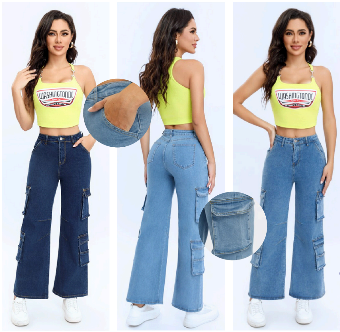 PANTALON DE MEZCLILLA CARGO - ACAMPANADO - STRETCH 538