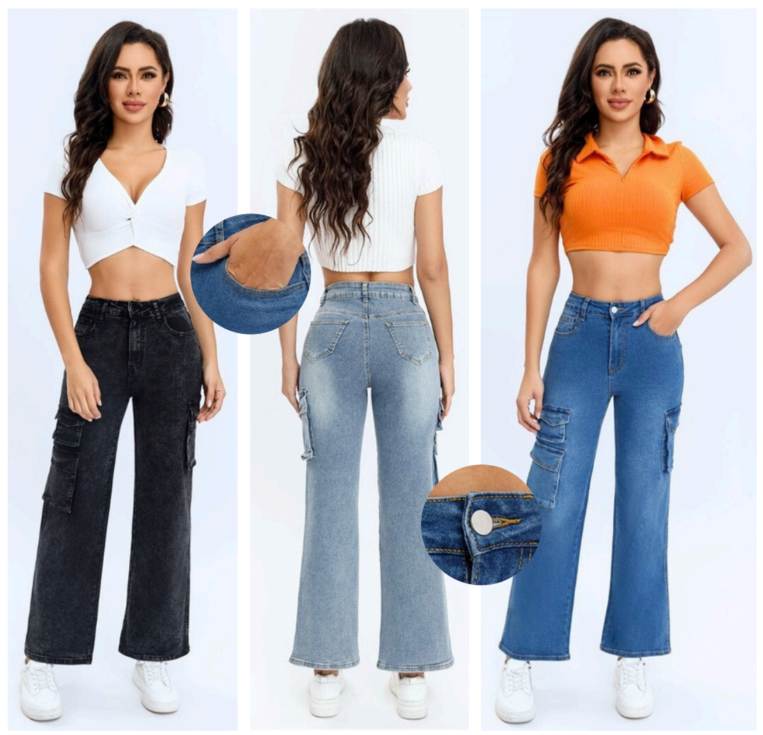PANTALON DE MEZCLILLA CARGO - ACAMPANADO - STRETCH 564