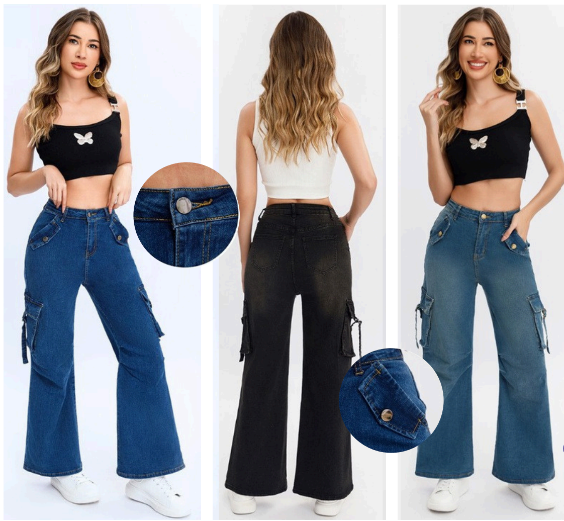 PANTALON DE MEZCLILLA CARGO - ACAMPANADO - STRETCH 571