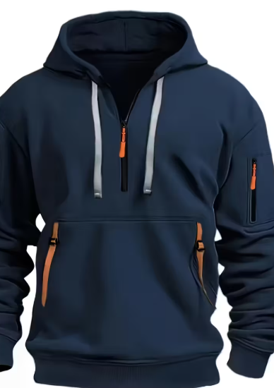 SUDADERA CON CAPUCHA AZUL CON CIERRE NARANJA
