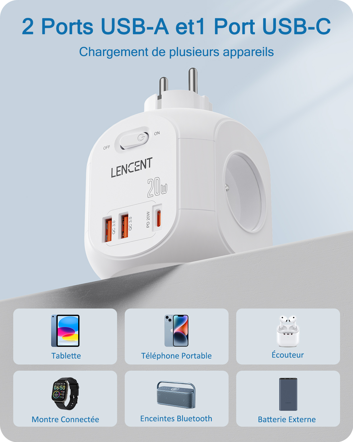 Lencent 7'li 20W Korumalı Priz