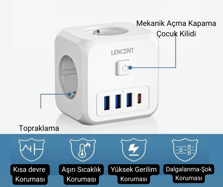 Lencent 7ın1 Tam Korumalı Priz