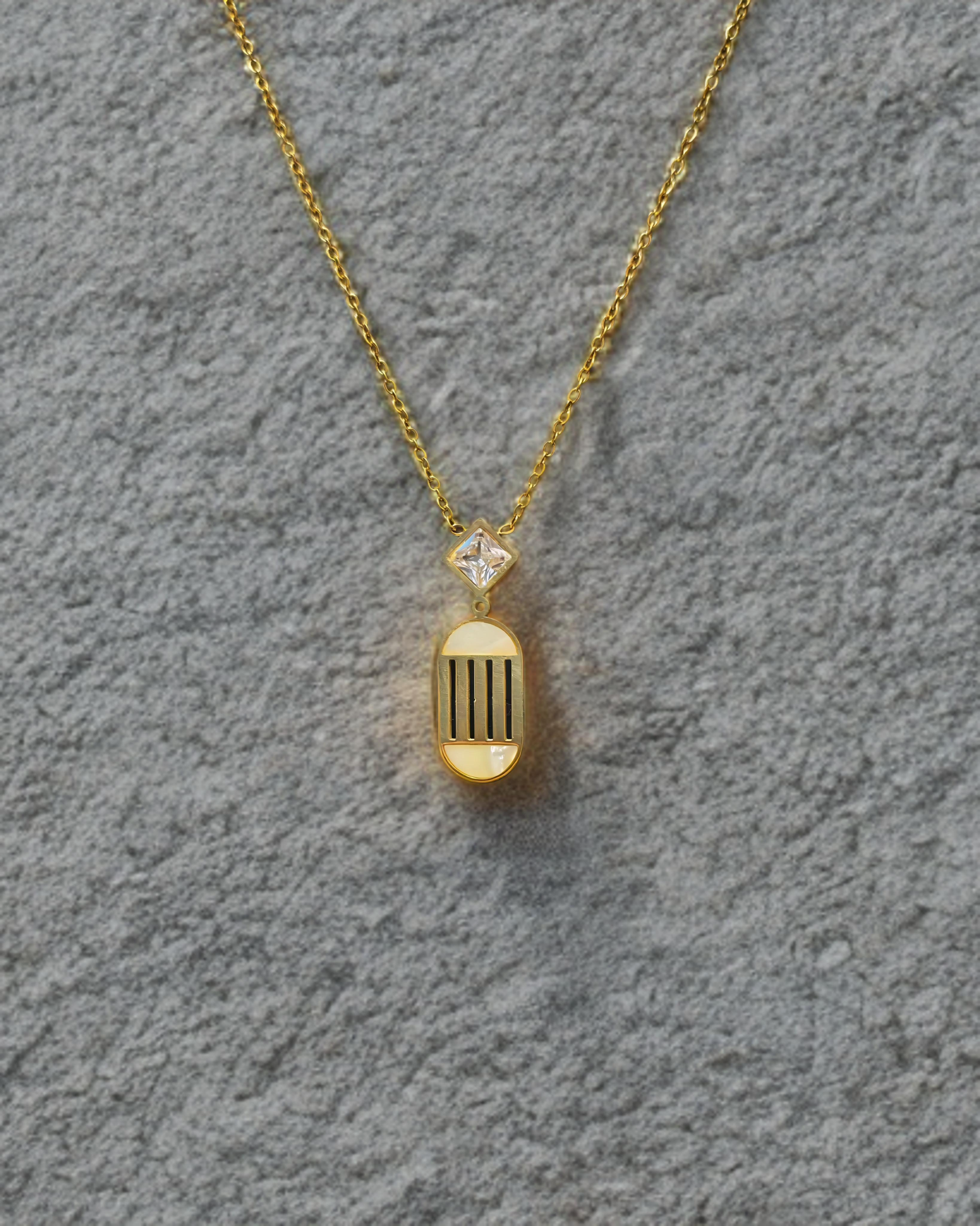 Gold-Plated Stainless Steel Pendant Necklace with Geometric Grille Design