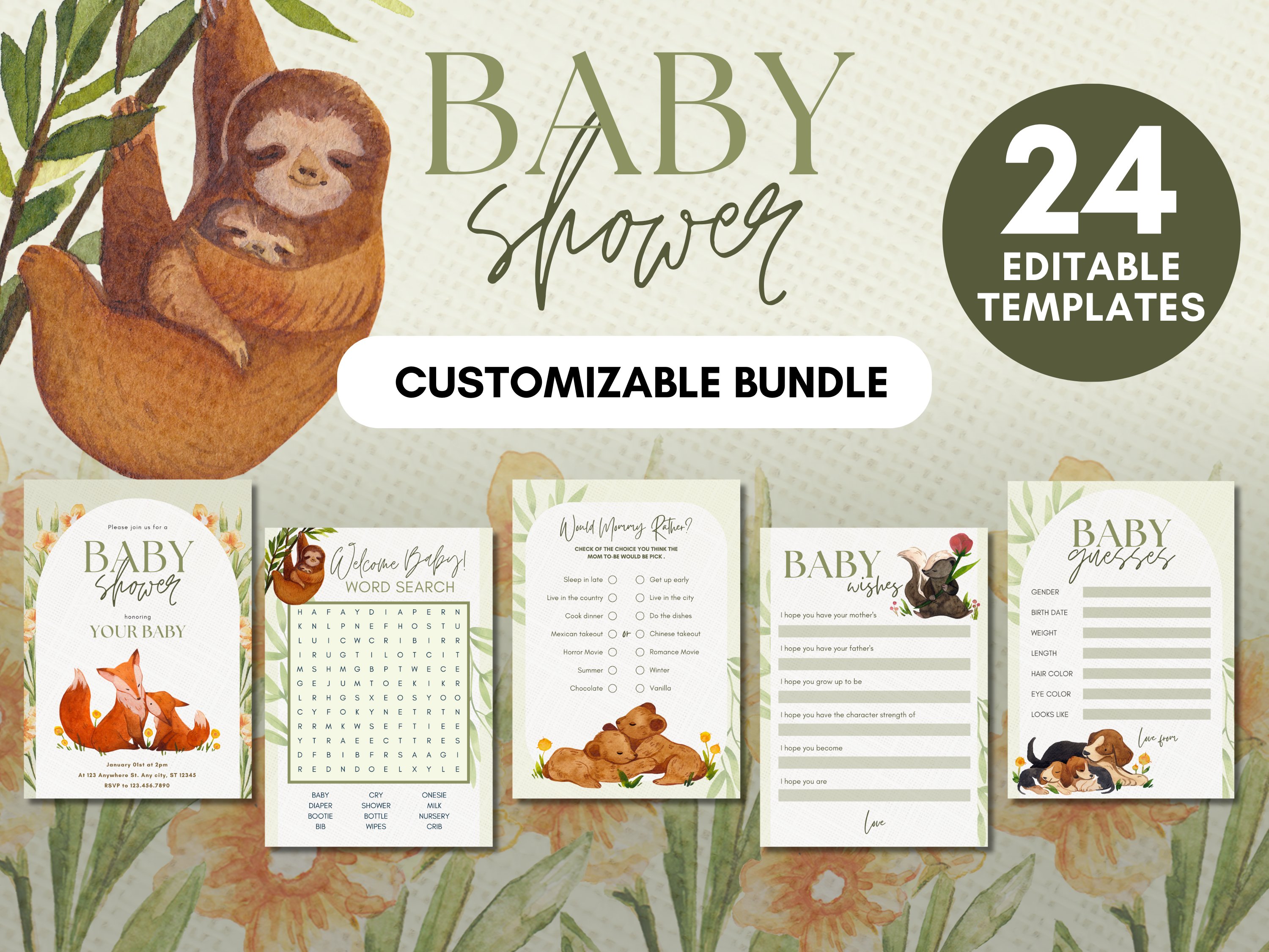 Editable Woodland Baby Shower Bundle with Invites, Games and Decorations 🌿