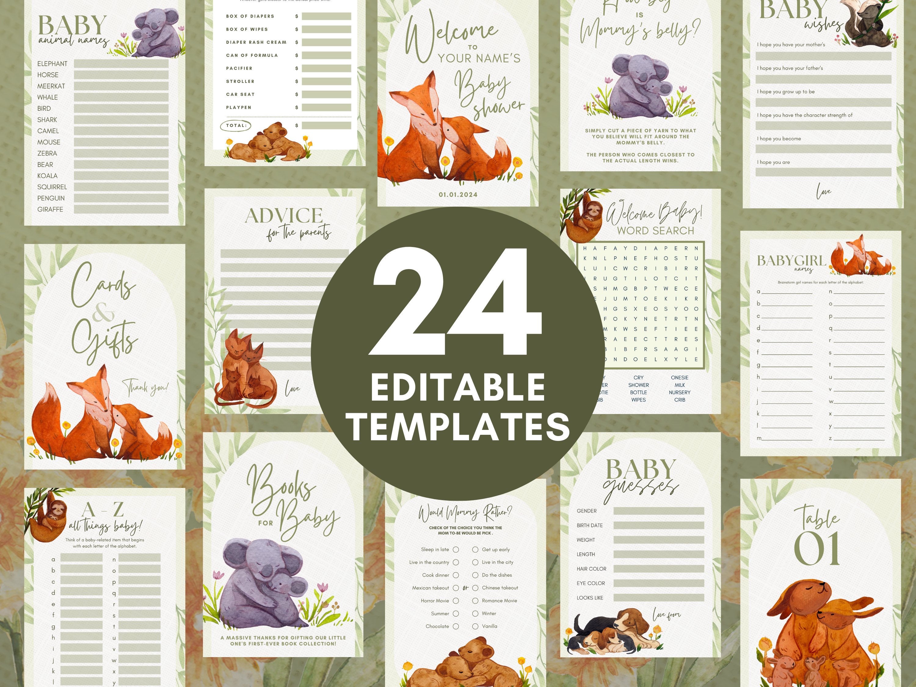 Editable Woodland Baby Shower Bundle with Invites, Games and Decorations 🌿