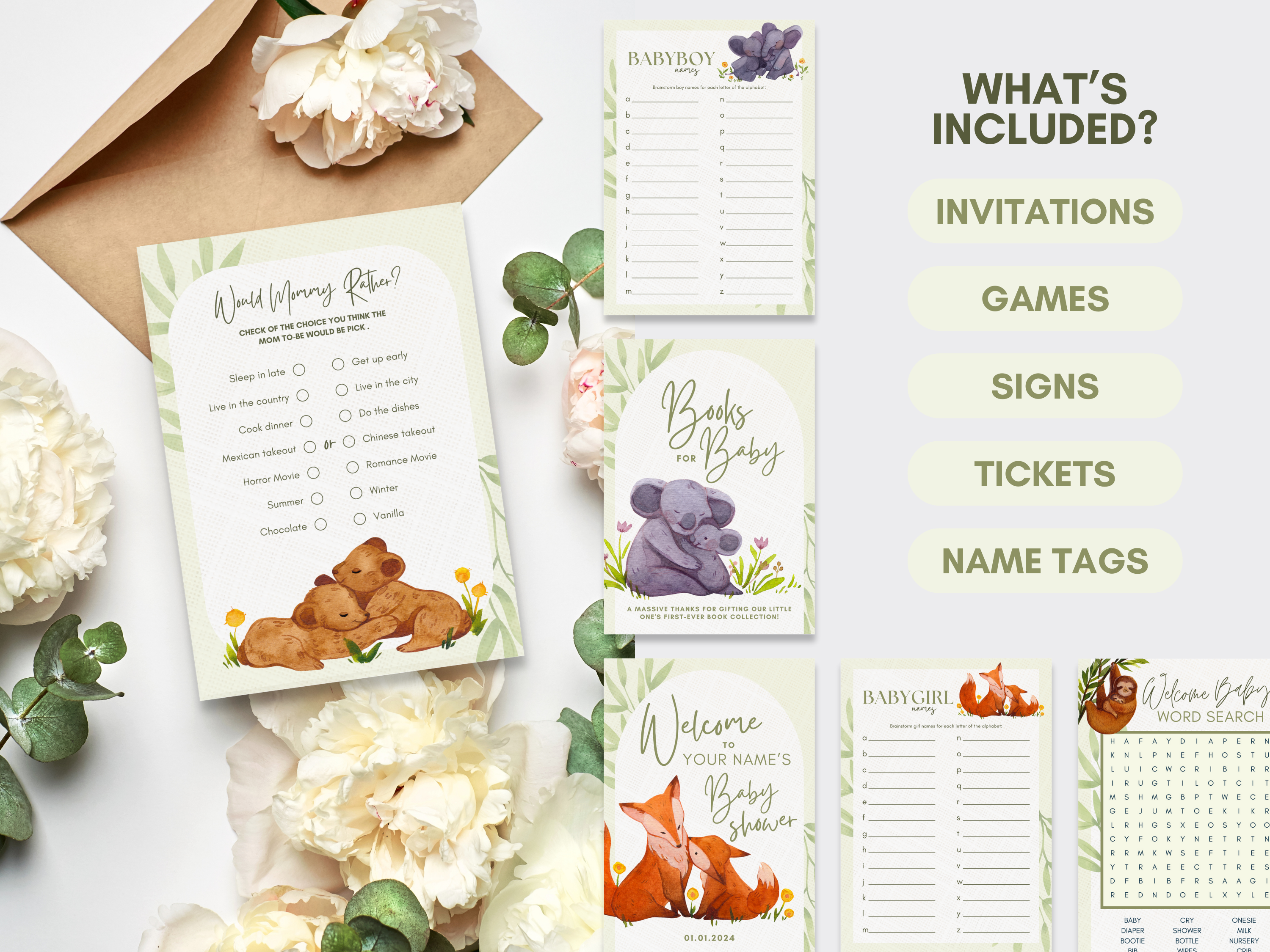 Editable Woodland Baby Shower Bundle with Invites, Games and Decorations 🌿