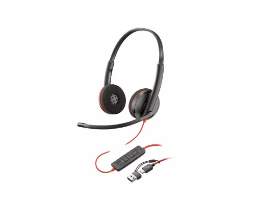 HEADSET POLY BLACKWIRE 3220 STEREO USB-C COM ADAPTADOR PARA USB-A