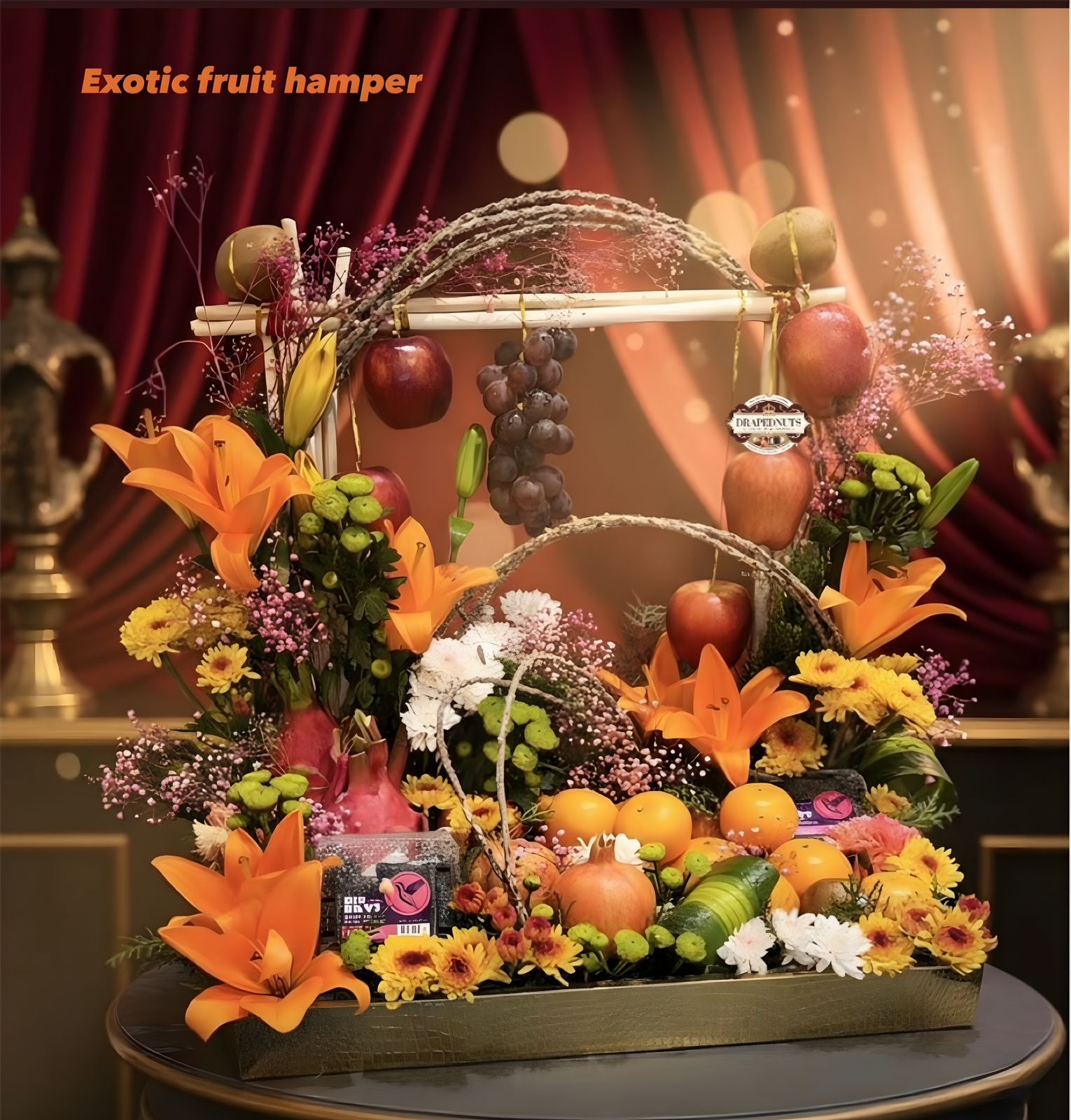 Luxury Festive Fruit & Nut Hamper with Fresh Flowers | Drapednuts Mumbai