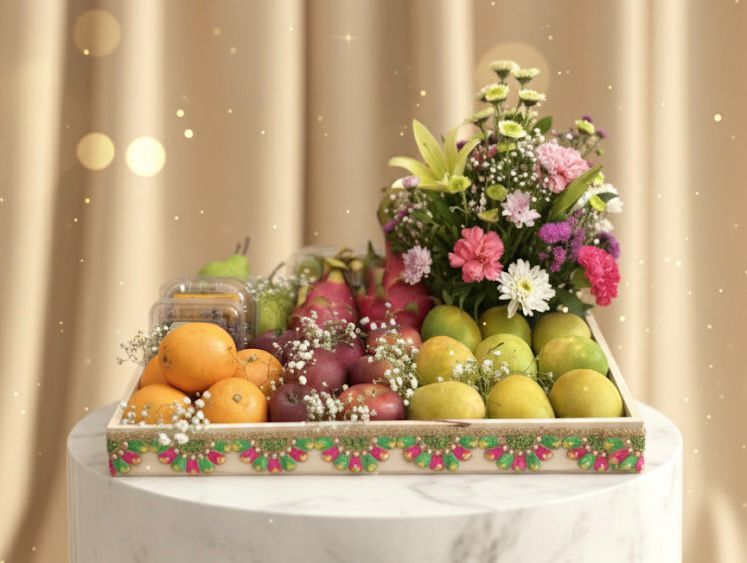 Luxury Fresh Fruit Hamper with Premium Floral Arrangement | Handmade Gift Tray by Drapednuts