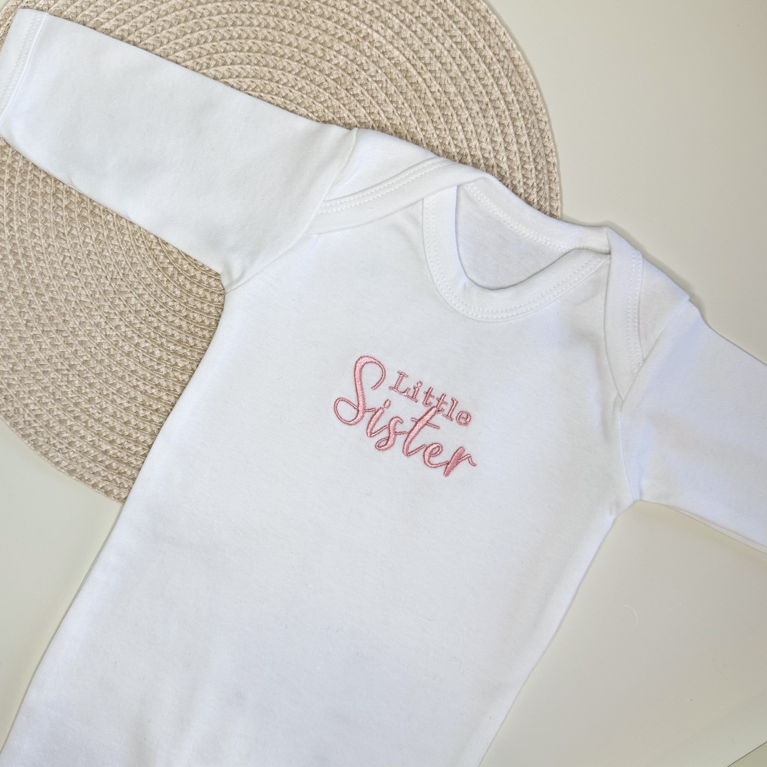 Embroidered Pink 'Little Sister' Babygrow