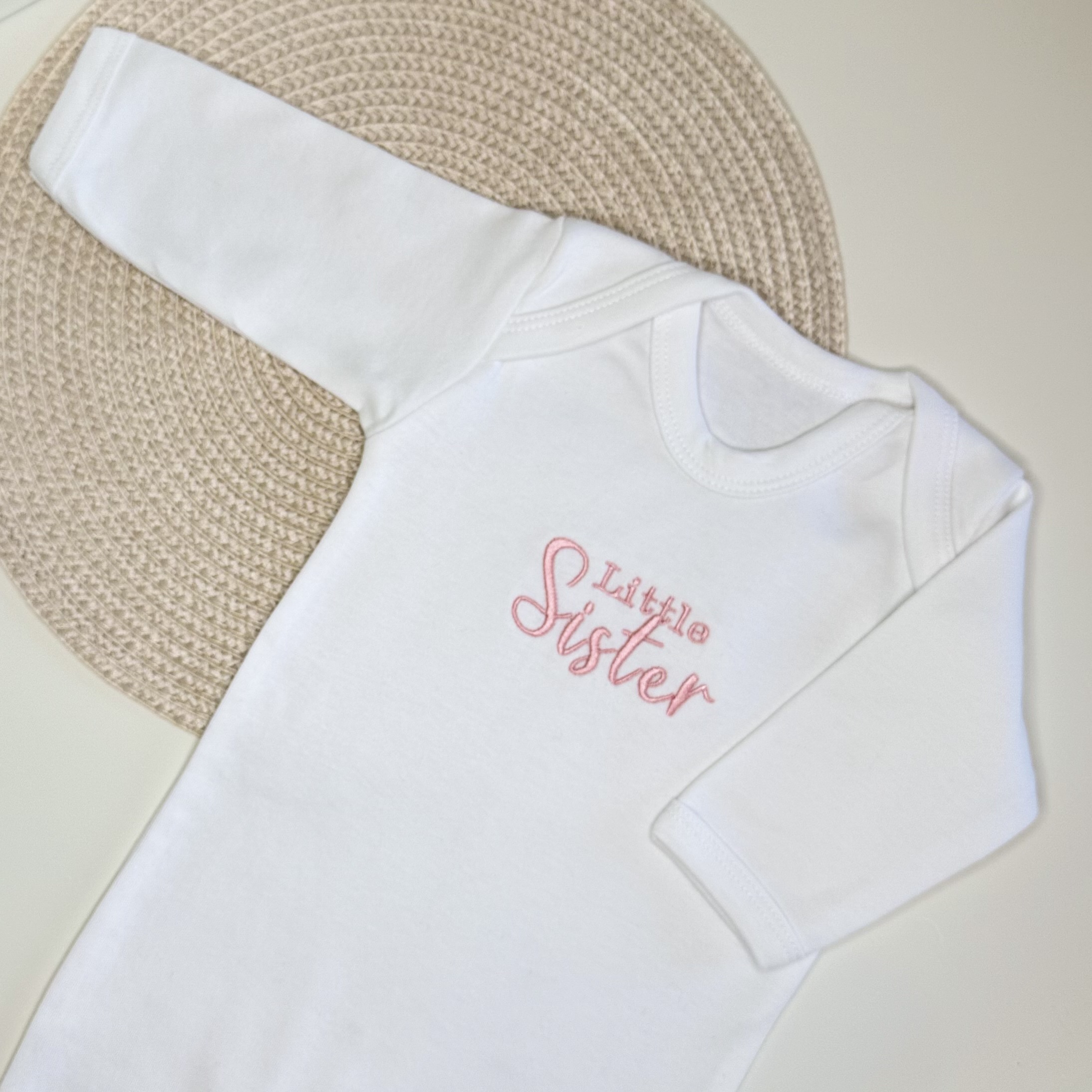 Embroidered Pink 'Little Sister' Babygrow