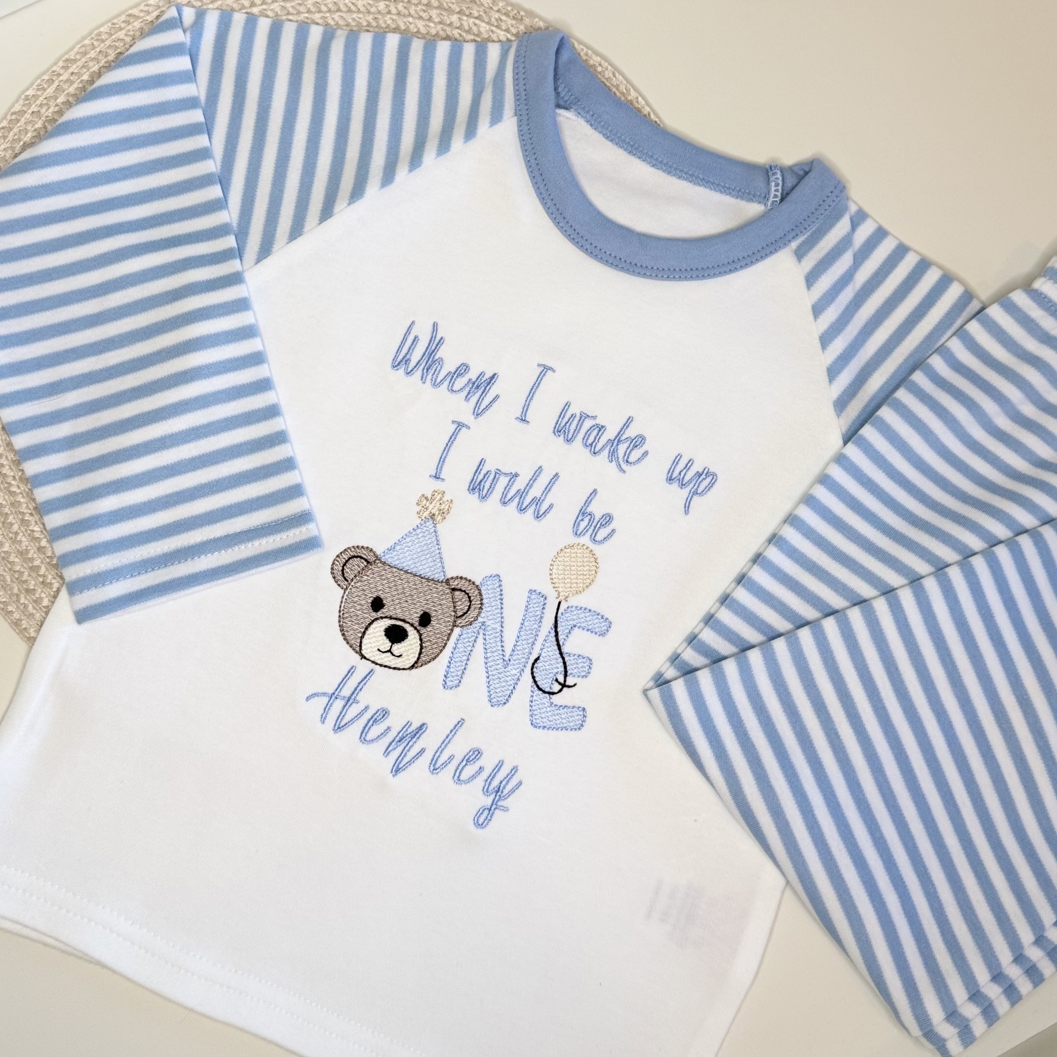 Personalised Bear Striped First Birthday Pyjamas