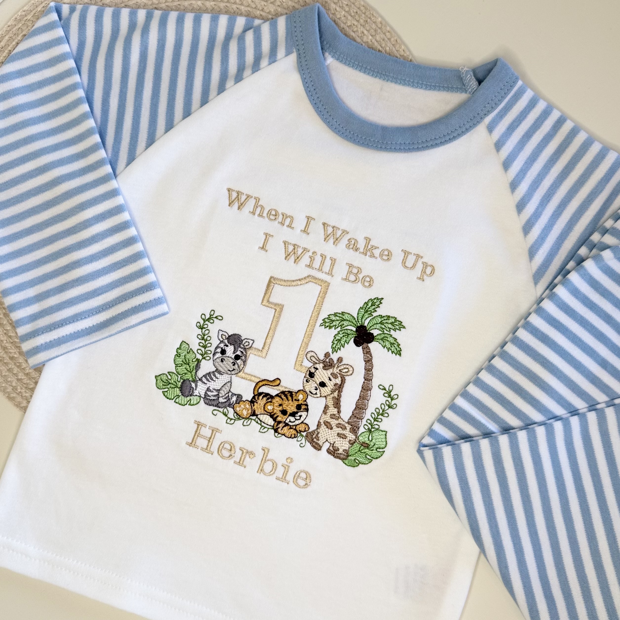 Personalised Blue Striped Safari Birthday Pyjamas