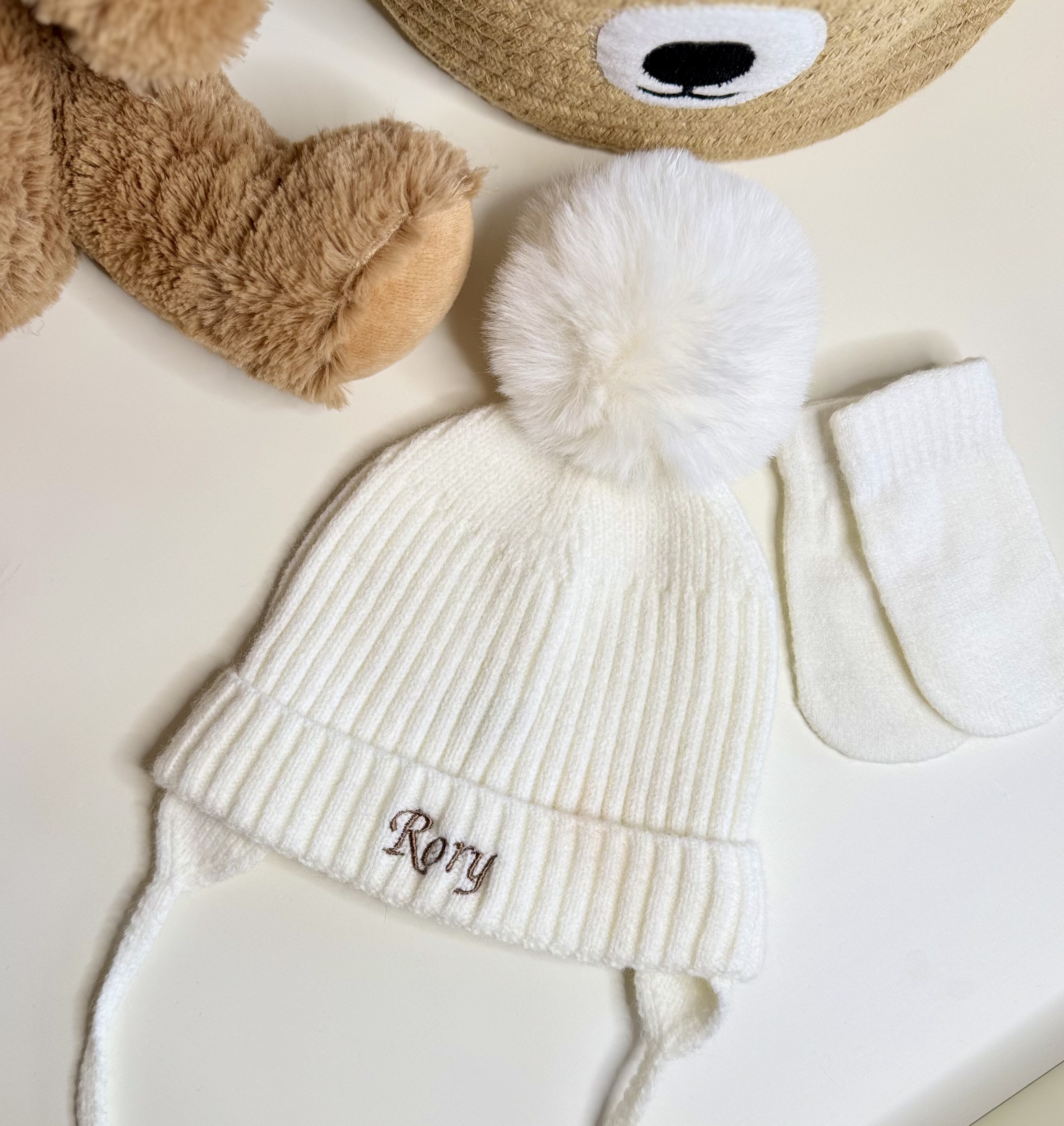 Personalised Baby White Pompom Hat & Mittens