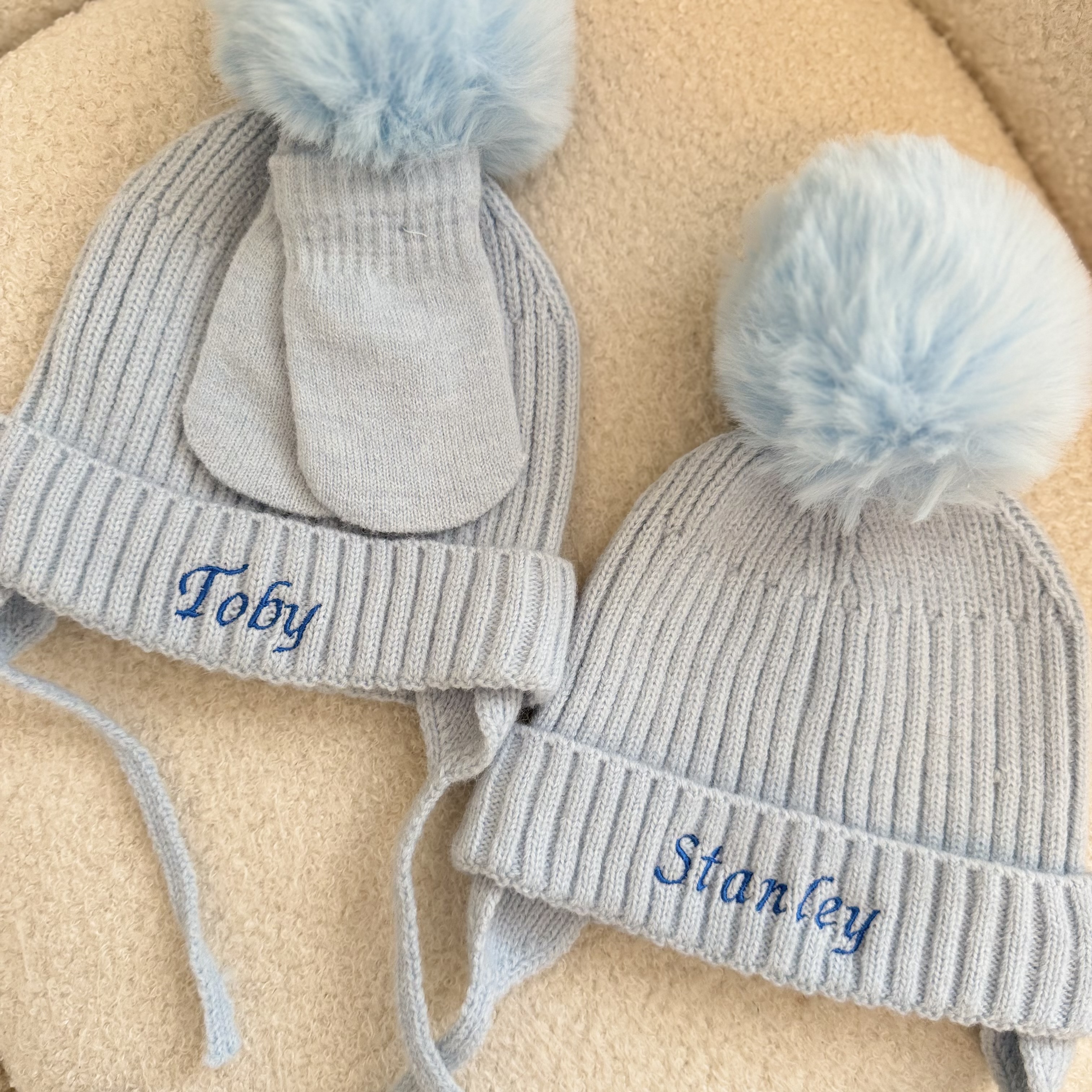 Personalised Baby Blue Pompom Hat & Mittens