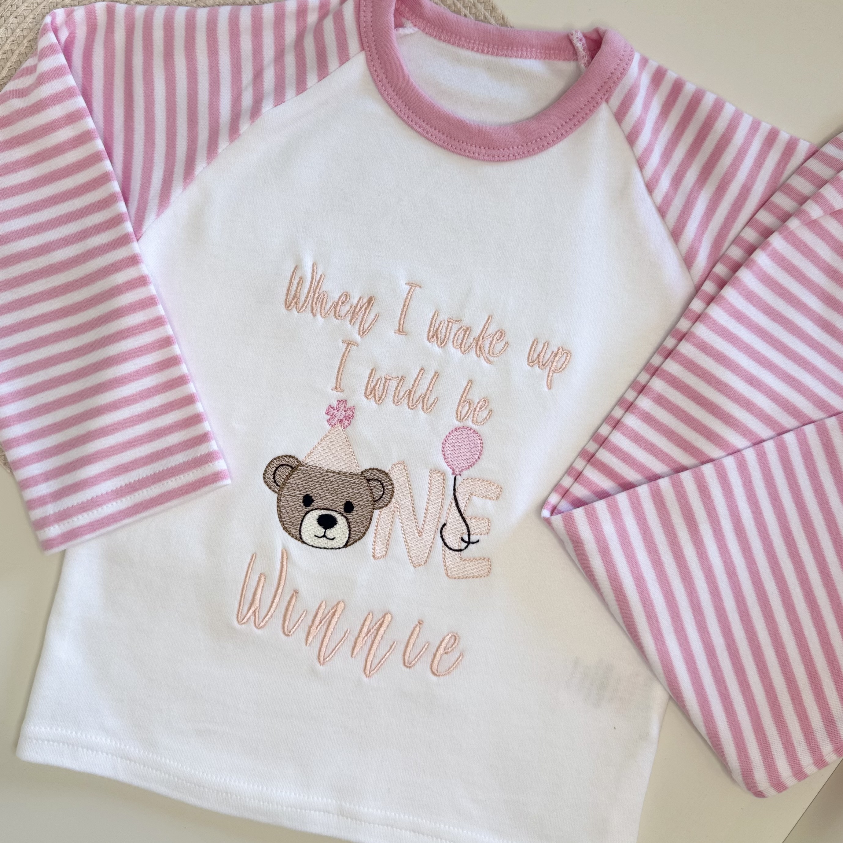 Personalised Pink Bear Striped First Birthday Pyjamas